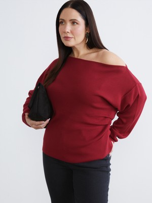 Soulife Büyük Beden Kayık Yaka Büzgülü Kadın Triko Kazak