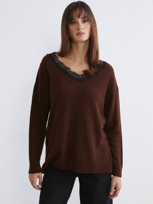 Soulife V Yaka Dantel Detaylı Kadın Triko Kazak