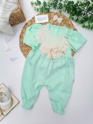 Mini Cayzen Baby Yakası Dantel Işleme Tulum Mint Yeşili - 0-3 Ay