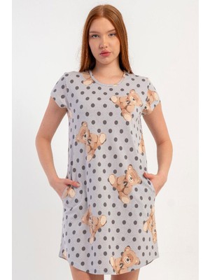 Vienetta Kadın Kısa Kol Cepli Gri Tunik Ayıcık Desenli %100 Pamuk C6T2N0805