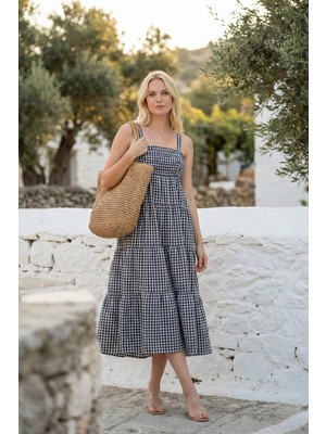 Pastelastore Askılı Pötikare Desenli Yazlık Midi Boy Kadın Elbise 1300