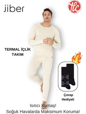 Jiber Erkek Termal İçlik Takım Yumuşak Kumaş Özelliği ile Ekru Renk Bisiklet Yaka Uzun Kol (Çorap Hediyeli)