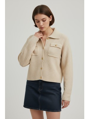Newco Gold Düğmeli Dokulu Triko Ceket Çift Cep Detaylı, Polo Yaka, Uzun Kollu