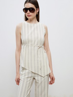 Soulife Bisiklet Yaka Çizgili Asimetrik Kesim Kolsuz Bluz