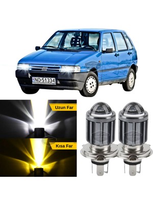 Caralp Fiat Uno 1992-2001 Uyumlu Mercekli Far Ampulü LED Xenon Çift Renk Sarı-Beyaz Far Şimşek Etkili Csp LED Lamba Uzun Kısa 2 Adet Takım