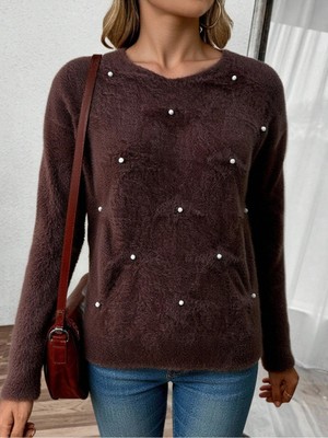 Newco Inci Süslemeli Yumuşak Doku Oversize Triko Kazak – Yuvarlak Yaka Rahat Kesim