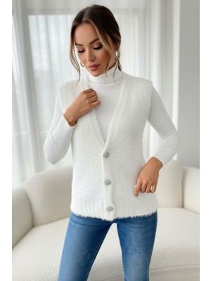 Newco Kadın Tüylü Triko Yelek Taş Işlemeli Düğmeli, Yumuşak Dokulu, Günlük ve Kombin Dostu - Beyaz
