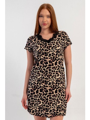 Vienetta Kadın Leopar Desenli Dantelli Viskon Kısa Kol Tunik C1T3N0805