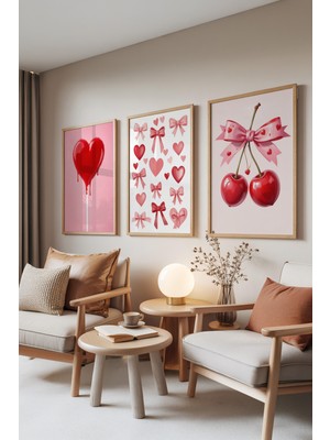 Zestia Ahşap Çerçeveli 3’lü Tablo Seti, Sweet Love – Kalpler & Kirazlar, Genç Odası Set No: 30102
