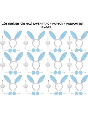 Go İthalat Mavi Tavşan Kostüm Seti - Taç, Papyon, Ponpon (12 Li Paket) (784)