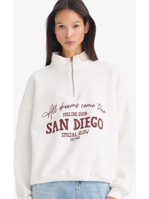 DeFacto Oversize Geniş Kalıp Yarım Fermuarlı Baskılı Kalın Sweatshirt G5665AX25CW