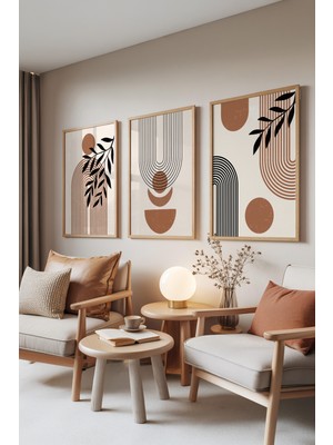 Zestia Ahşap Çerçeveli 3’lü Tablo Seti, Kahverengi Geometrik Desen, Salon Set No: 30056