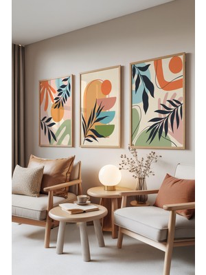 Zestia Ahşap Çerçeveli 3’lü Tablo Seti, Renkli Yaprak Desenleri, Salon Set No: 30060