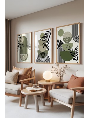 Zestia Ahşap Çerçeveli 3’lü Tablo Seti, Yeşil Minimal Yaprak Formları, Salon Set No: 30059