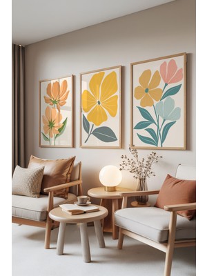 Zestia Ahşap Çerçeveli 3’lü Tablo Seti, Sarı Çiçekler – Pastel Botanik Stil, Yatak Odası Set No: 30063