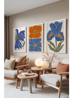 Zestia Beyaz Çerçeveli 3’lü Tablo Seti, Mavi & Turuncu Çiçekler – Modern Botanik, Salon Set No: 30064