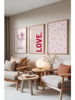 Zestia Ahşap Çerçeveli 3’lü Tablo Seti, Love Cocktail – Romantik Minimal, Yatak Odası Set No: 30076