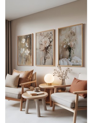 Zestia Ahşap Çerçeveli 3’lü Tablo Seti, Floral Dreams – Kadın ve Çiçekler, Salon Set No: 30079