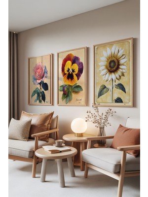 Zestia Ahşap Çerçeveli 3’lü Tablo Seti, Gül ve Ayçiçeği – Vintage Çiçekler, Yatak Odası Set No: 30083