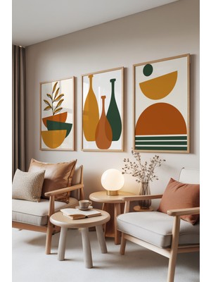 Zestia Ahşap Çerçeveli 3’lü Tablo Seti, Retro Vases – Minimal Formlar, Salon Set No: 30093