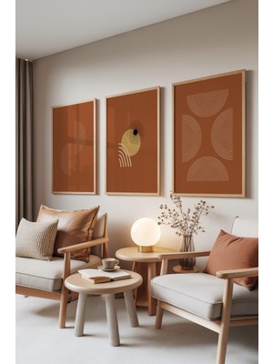 Zestia Ahşap Çerçeveli 3’lü Tablo Seti, Terracotta Geometry – Sıcak Minimal, Salon Set No: 30091
