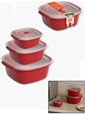 Go İthalat 3 Pcs Kırmızı Kare Saklama Kabı Set 550-1100-2200ML (784)