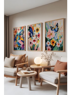 Zestia Ahşap Çerçeveli 3’lü Tablo Seti, Kelebek ve Çiçekler – Canlı Renkler, Oturma Odası Set No: 30016