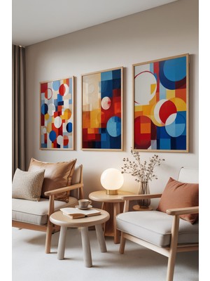 Zestia Ahşap Çerçeveli 3’lü Tablo Seti, Renkli Daireler ve Soyut Bloklar, Modern Ev Set No: 30017
