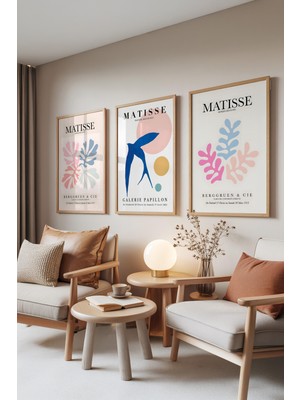 Zestia Ahşap Çerçeveli 3’lü Tablo Seti, Matisse Tarzı Renkli Soyut Figürler, Salon Set No: 30015