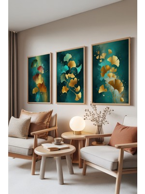Zestia Ahşap Çerçeveli 3’lü Tablo Seti, Altın Yapraklar – Yeşil Arka Plan, Salon Set No: 30019