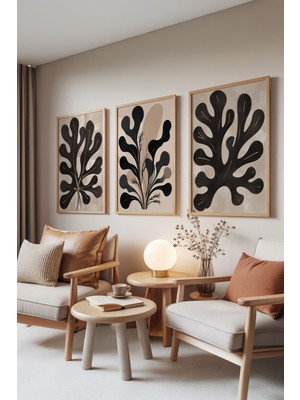 Zestia Ahşap Çerçeveli 3’lü Tablo Seti, Siyah Yaprak Desenleri – Soyut Doğa, Oturma Odası Set No: 30021