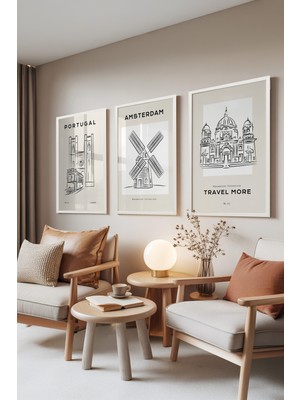 Zestia Beyaz Çerçeveli 3’lü Tablo Seti, Şehir Çizimleri – Seyahat Serisi, Ofis Set No: 30024