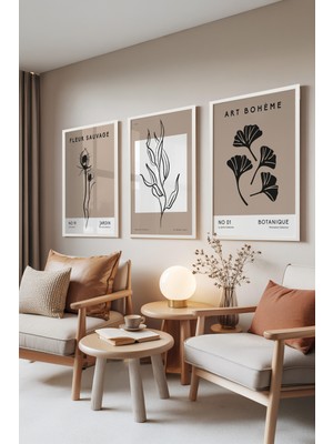 Zestia Beyaz Çerçeveli 3’lü Tablo Seti, Kuru Çiçek ve Yaprak Desenleri, Oturma Odası Set No: 30035