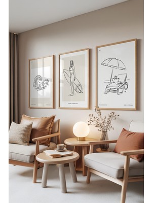 Zestia Ahşap Çerçeveli 3’lü Tablo Seti, Dalga, Sörf ve Şezlong Çizimleri, Salon Set No: 30022