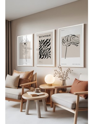 Zestia Beyaz Çerçeveli 3’lü Tablo Seti, Çiçek ve Yaprak Desenleri – Botanik Koleksiyon, Salon Set No: 30030