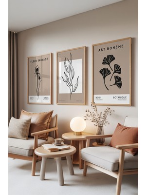 Zestia Ahşap Çerçeveli 3’lü Tablo Seti, Kuru Çiçek ve Yaprak Desenleri, Oturma Odası Set No: 30035