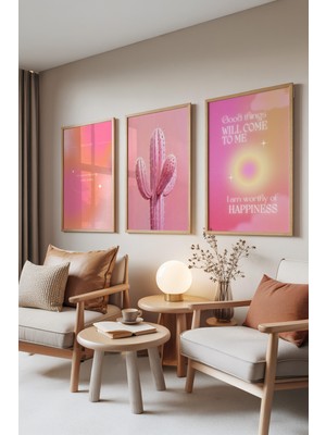 Zestia Ahşap Çerçeveli 3’lü Tablo Seti, Pembe Kaktüs ve Motivasyon Yazıları, Yatak Odası Set No: 30039