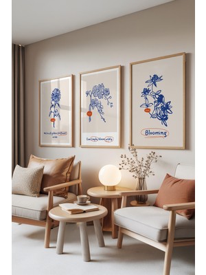 Zestia Ahşap Çerçeveli 3’lü Tablo Seti, Mavi Çizim Çiçekler – İlham Verici Yatak Odası Set No: 30041