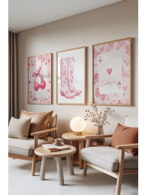 Zestia Ahşap Çerçeveli 3’lü Tablo Seti, Lucky Cherry – Pembe Country Tarz, Genç Odası Set No: 30103