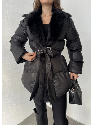 Asfa Moda Kadın Siyah Kemerli Kürk Yaka Şişme Mont Krem Kışlık