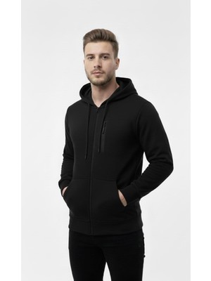 Axxel Erkek Siyah Polar Fermuarlı Kapüşonlu SWEATSHIRT-W1157