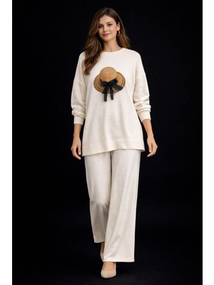 BezeXL Büyük Beden Önü Baskılı Ikili Triko Takım Ekru