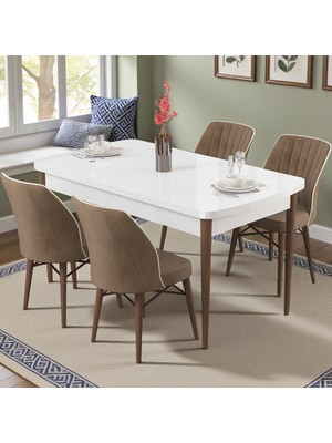 Canisa Radde Serisi 70X110 Sabit Beyaz Mutfak Masası Takımı 4 Kahverengi Sandalye