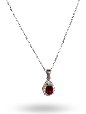 925 Ayar Gümüş Kırmızı Zirkon Taşlı Pırlanta Montür Damla Trend Kadın Kolye Sevgililer Günü Hediye