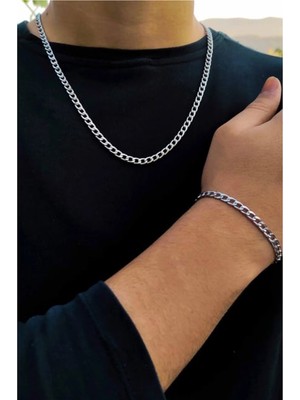 Herşey Nota Gurmet Erkek Çelik Zincir Kolye Bileklik 2'li Set 4mm Gümüş
