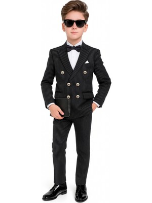 Ahengim Erkek Çocuk Düğün & Davet Kruvaze Çizgili Papyonlu Takım Elbise AK5695
