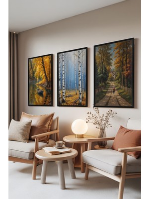 Zestia Siyah Çerçeveli 3’lü Tablo Seti, Sonbahar Manzara Resimleri – Orman ve Göl, Salon Set No: 30038