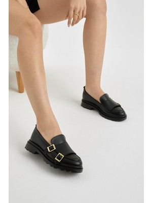 Tonny Black Kadın Siyah Cilt Kalın Poli Taban Çift Tokalı Günlük Loafer