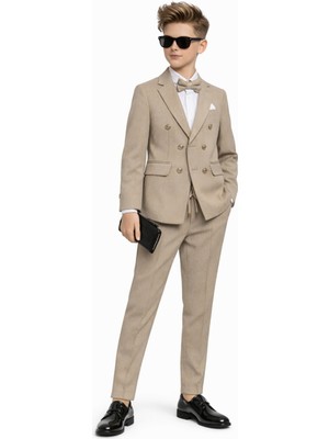 Ahengim Erkek Çocuk Düğün & Davet Kruvaze Çizgili Papyonlu Takım Elbise AK5695