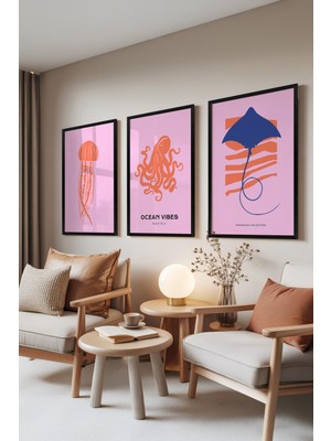 Zestia Siyah Çerçeveli 3’lü Tablo Seti, Deniz Canlıları – Denizanası, Ahtapot ve Vatoz, Salon Set No: 30050